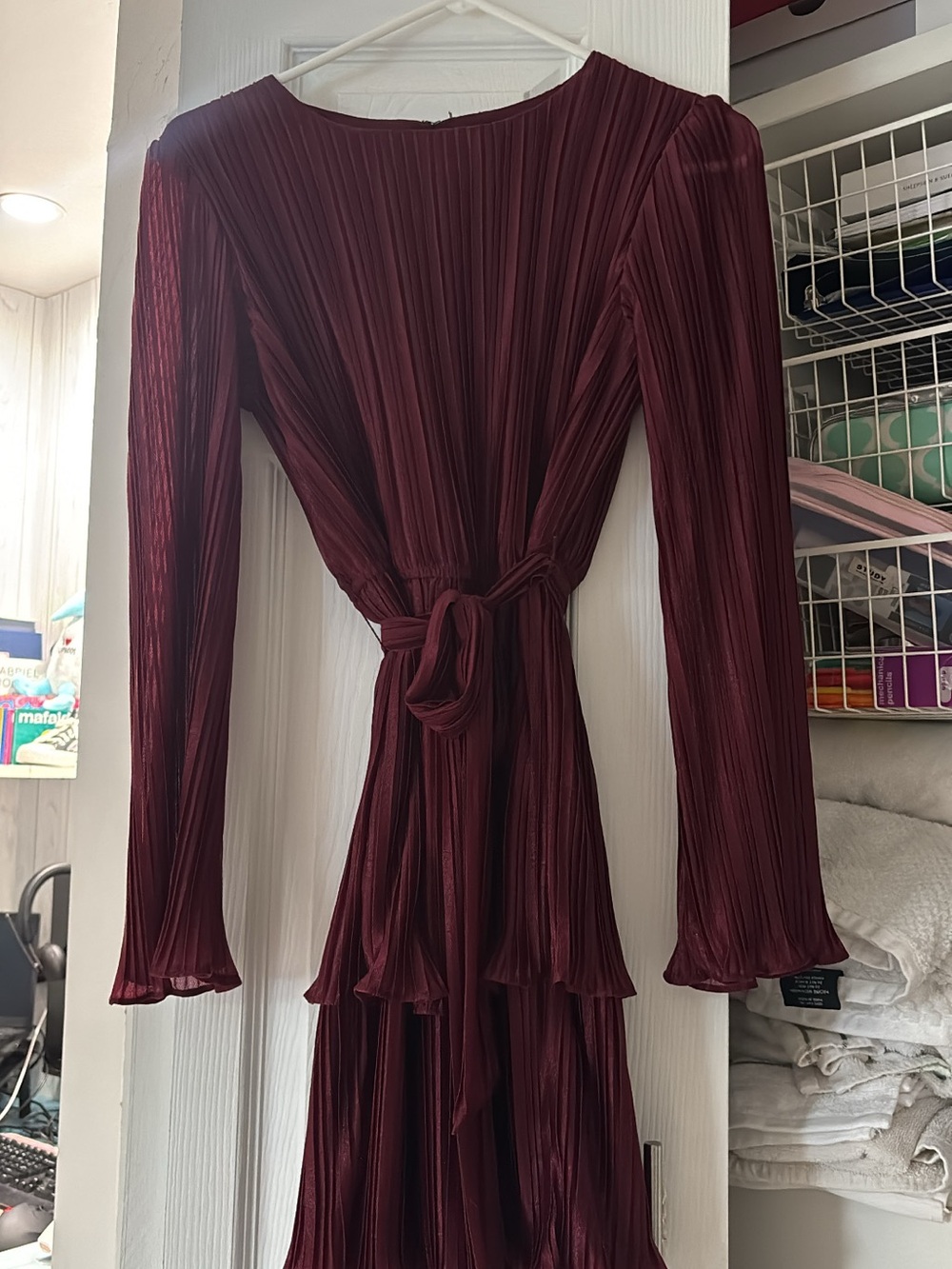 Burgundy Pleated Long-Sleeve Mini Dress